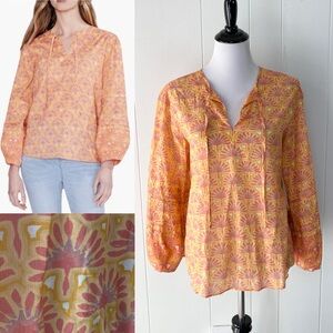 Nic + Zoe Women’s Swan Rays Neck Tie Cotton Boho Blouse In Orange Print Sz M